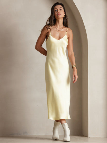 Rosstef 100% Mulberry Silk Spaghetti Strap V Neck Midi Dress