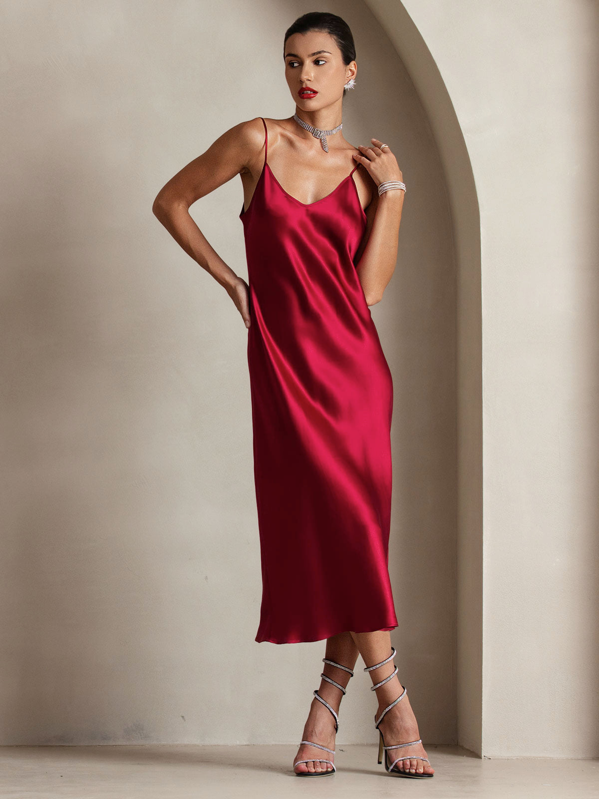 Rosstef 100% Mulberry Silk Spaghetti Strap V Neck Midi Dress