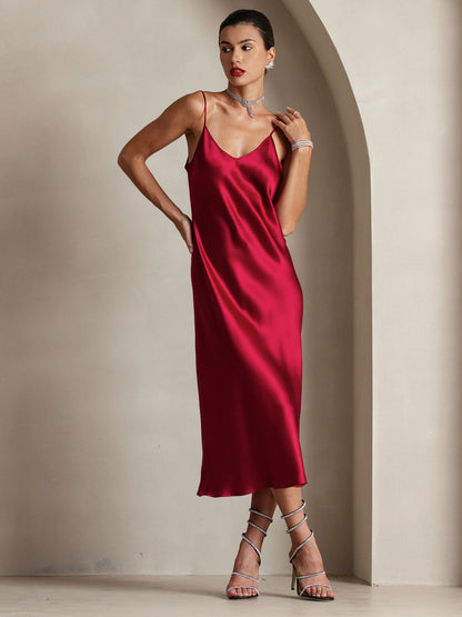 Rosstef 100% Mulberry Silk Spaghetti Strap V Neck Midi Dress