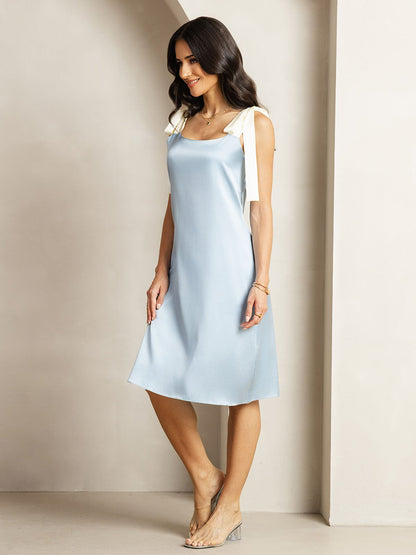 Rosstef 19Momme Silk Knee Dress with Adjustable Shoulder Ties