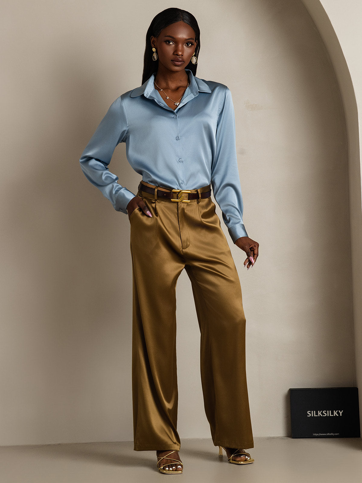 Rosstef 19Momme Sik Long Sleeve Lapel Collar Kadın Günüşü