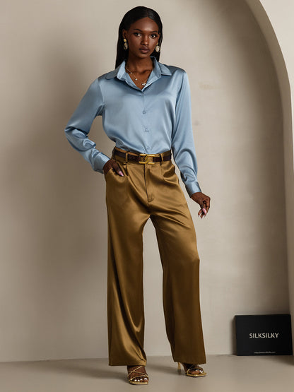 Rosstef 19Momme Silk Long Sleeve Lapel Collar Kadın Giyimi