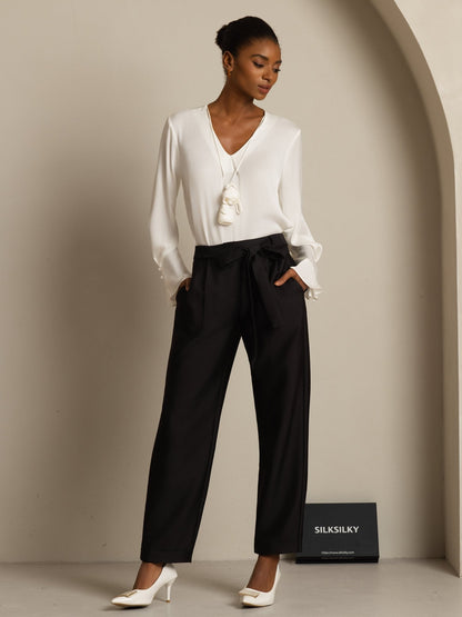 Rosstef 19Momme Stretch Silk V Neck Long Sleeve Blouse