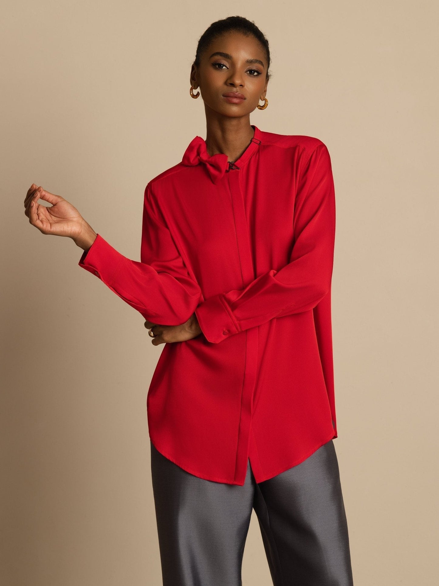 Rosstef 19Momme Stretch Silk Kadın Uzun Kollu Bow Bluzu