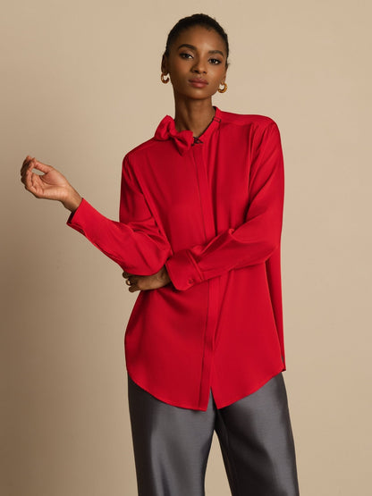 Rosstef 19Momme Stretch Silk Kadın Uzun Kollu Bow Bluzu