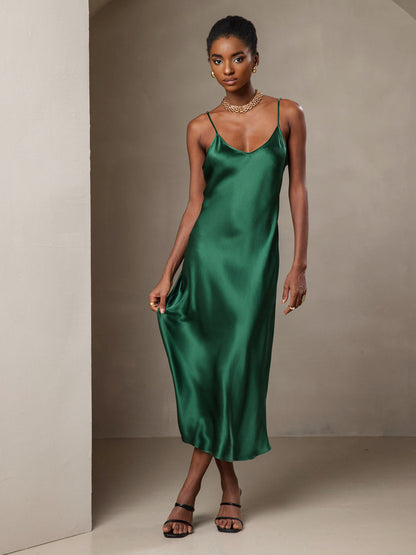 Rosstef 100% Mulberry Silk Spaghetti Strap V Neck Midi Dress