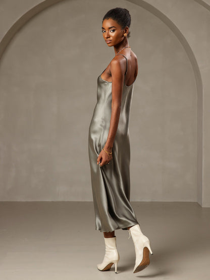 Rosstef 100% Mulberry Silk Spaghetti Strap V Neck Midi Dress