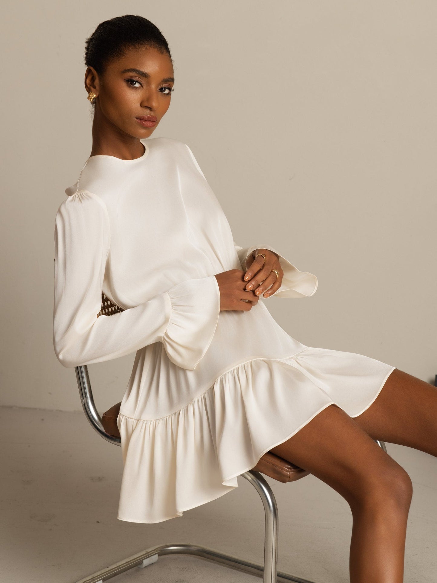 Rosstef 19Momme Stretch Silk Ruffle Sleeves Short Dress
