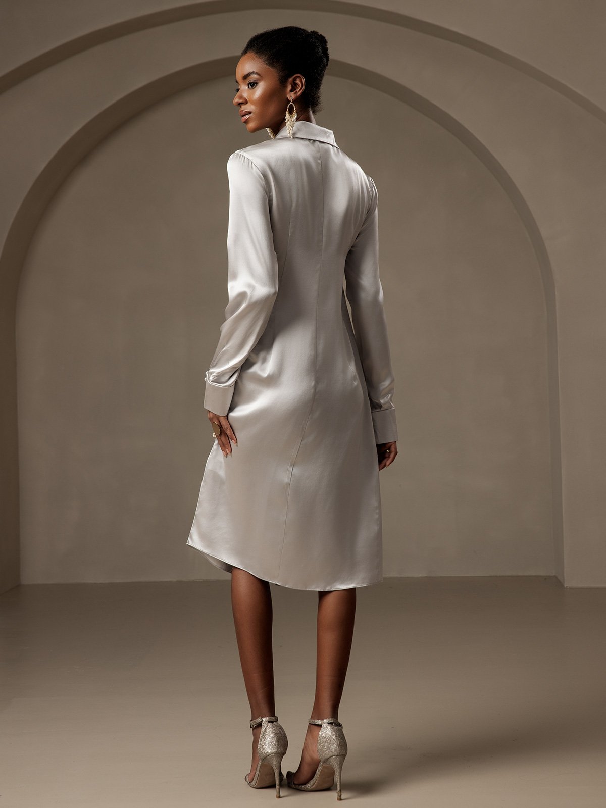 Rosstef 19Momme Silk Long Sleeve Lapel Collar Wrap Dress