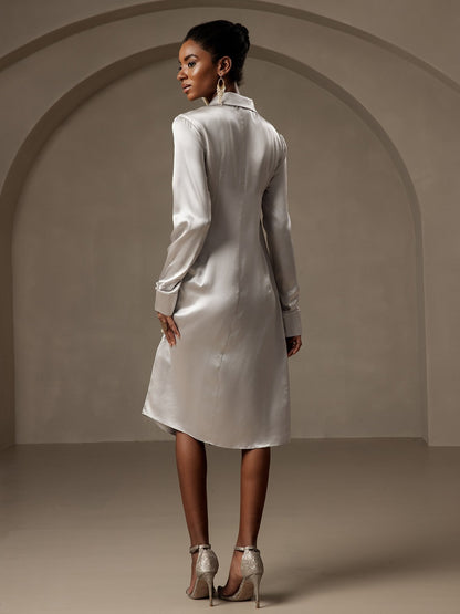 Rosstef 19Momme Silk Long Sleeve Lapel Collar Wrap Dress