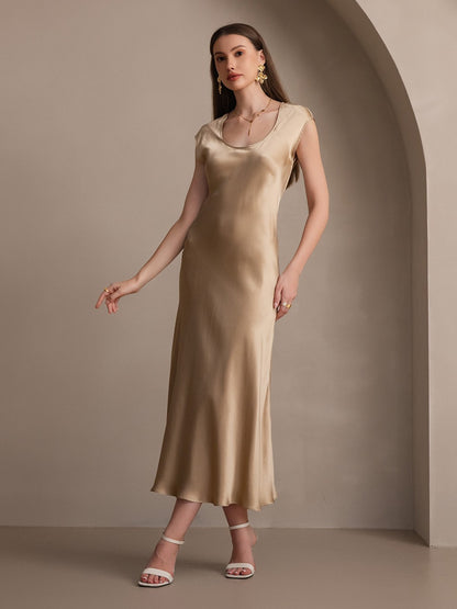 Rosstef 19Momme Silk Cap Sleeve Round Neck Midi Dress