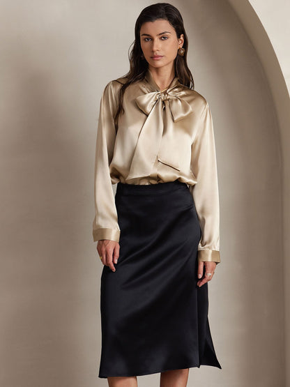 Rosstef 19Momme Silk Long Sleeve Tie Neck Blouse