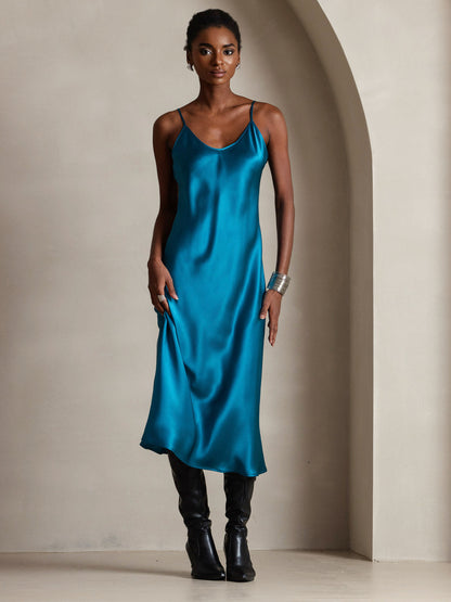 Rosstef 100% Mulberry Silk Spaghetti Strap V Neck Midi Dress