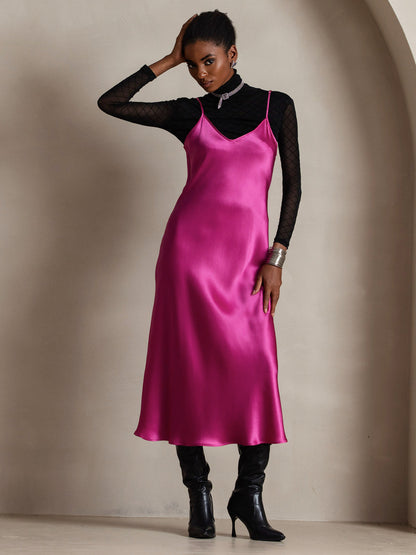 Rosstef 100% Mulberry Silk Spaghetti Strap Midi Long Dress