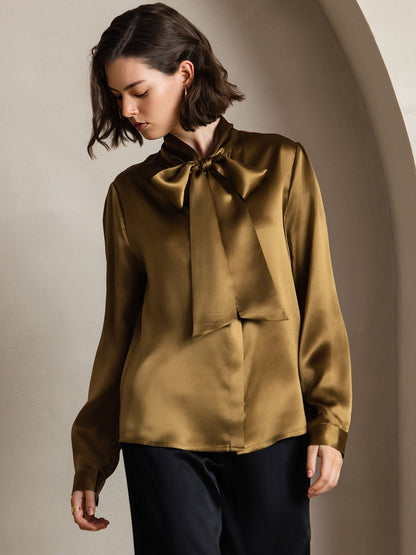 Rosstef 19Momme Silk Long Sleeve Tie Neck Blouse