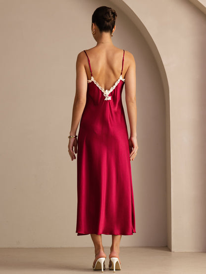 Rosstef Mulberry Silk V Neck Midi Dress with Lace