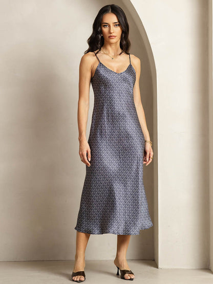 Rosstef 19Momme Silk Navy Ginkgo Print V Neck Midi Dress