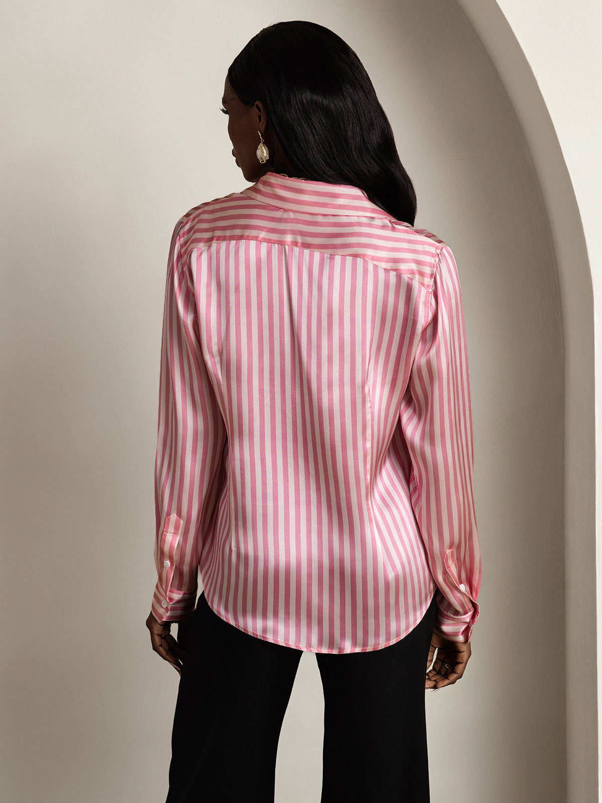 Rosstef 19Momme Silk Stripe Print Long Sleeve Lapel Collar Kadın Evi Giyimi