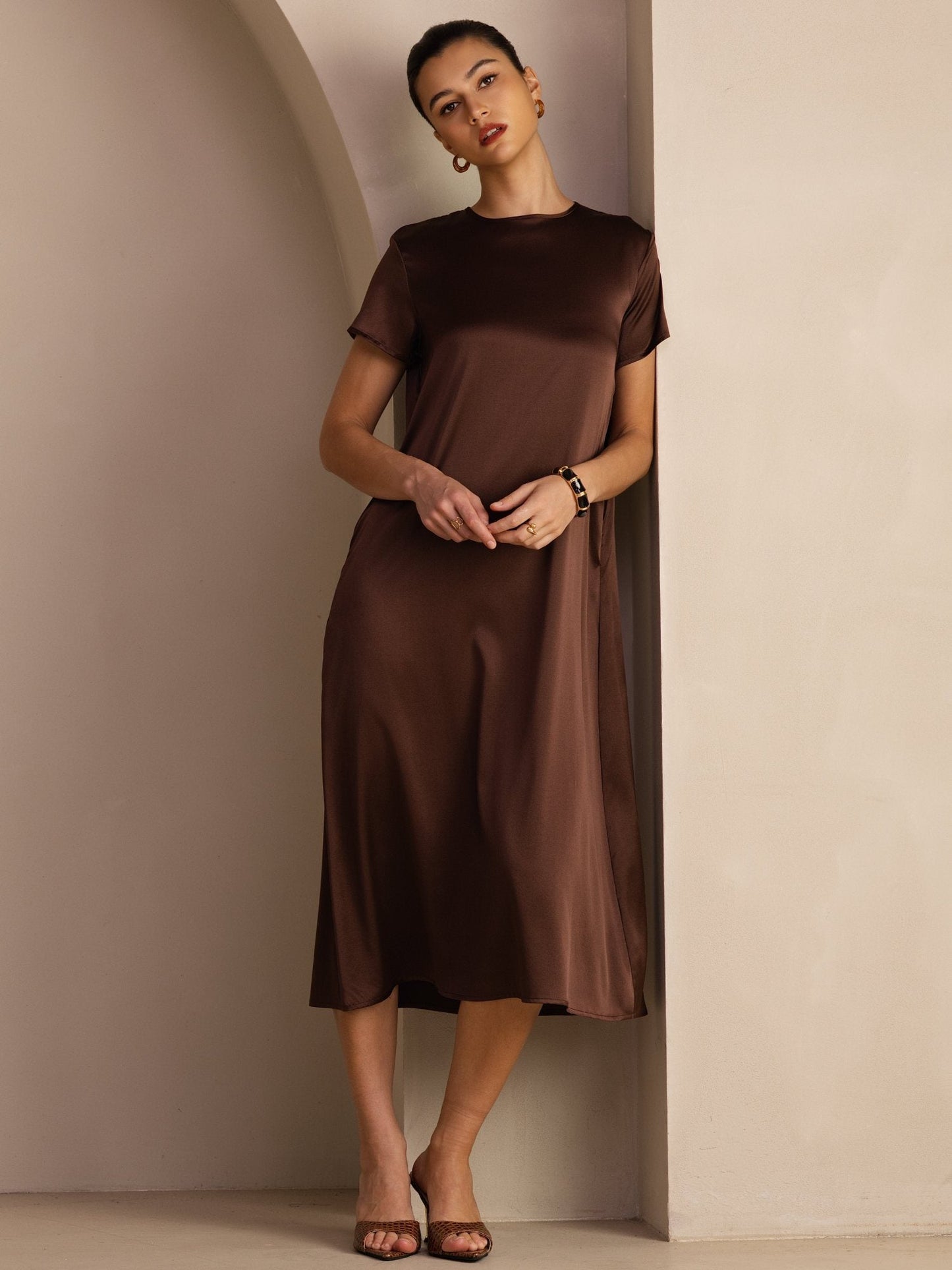 Rosstef 19Momme Silk Midi Dress With Side Pockets