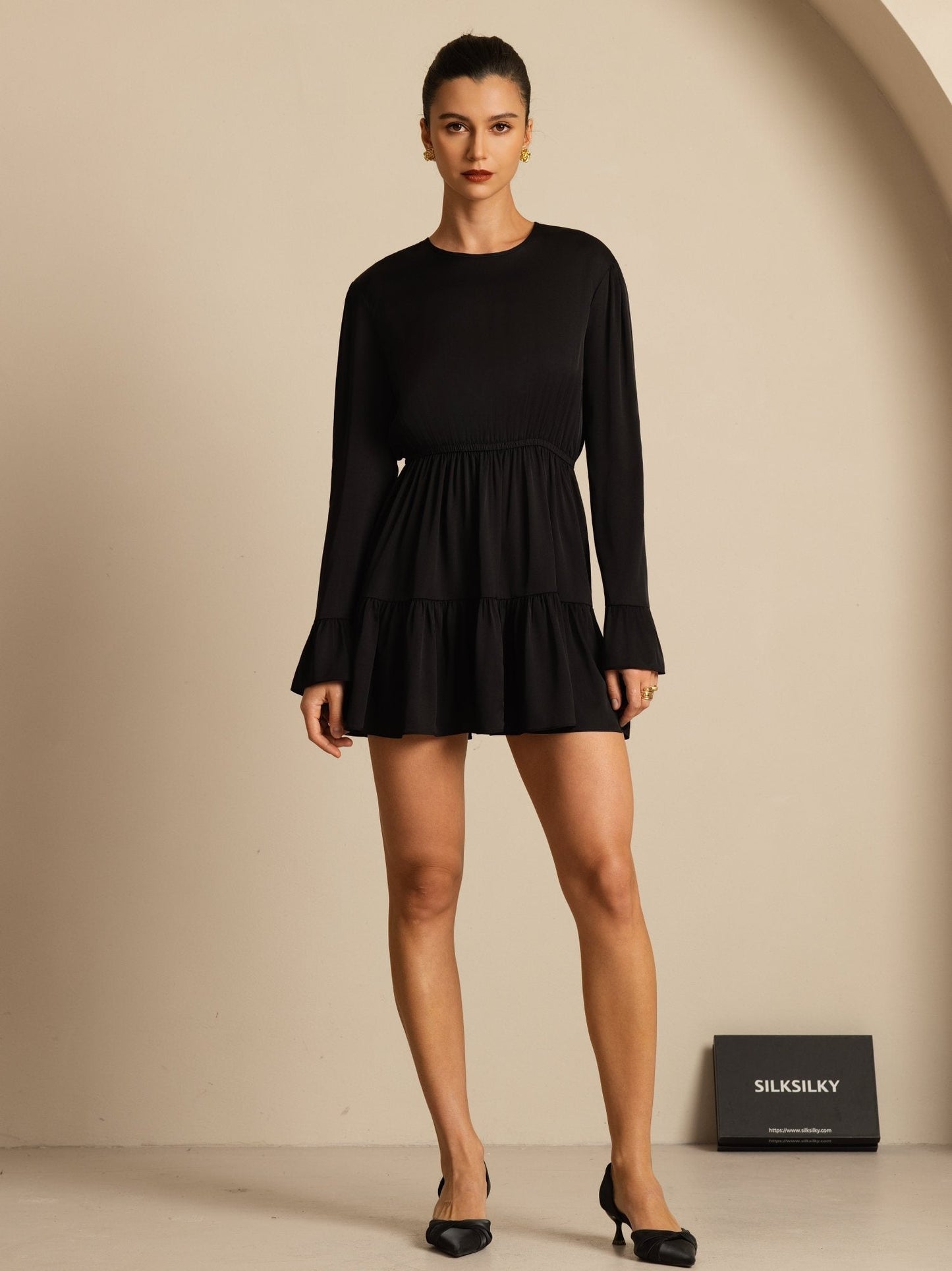 Rosstef 19Momme Stretch Silk Ruffle Sleeves Short Dress