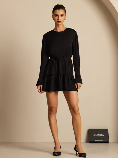 Rosstef 19Momme Stretch Silk Ruffle Sleeves Short Dress