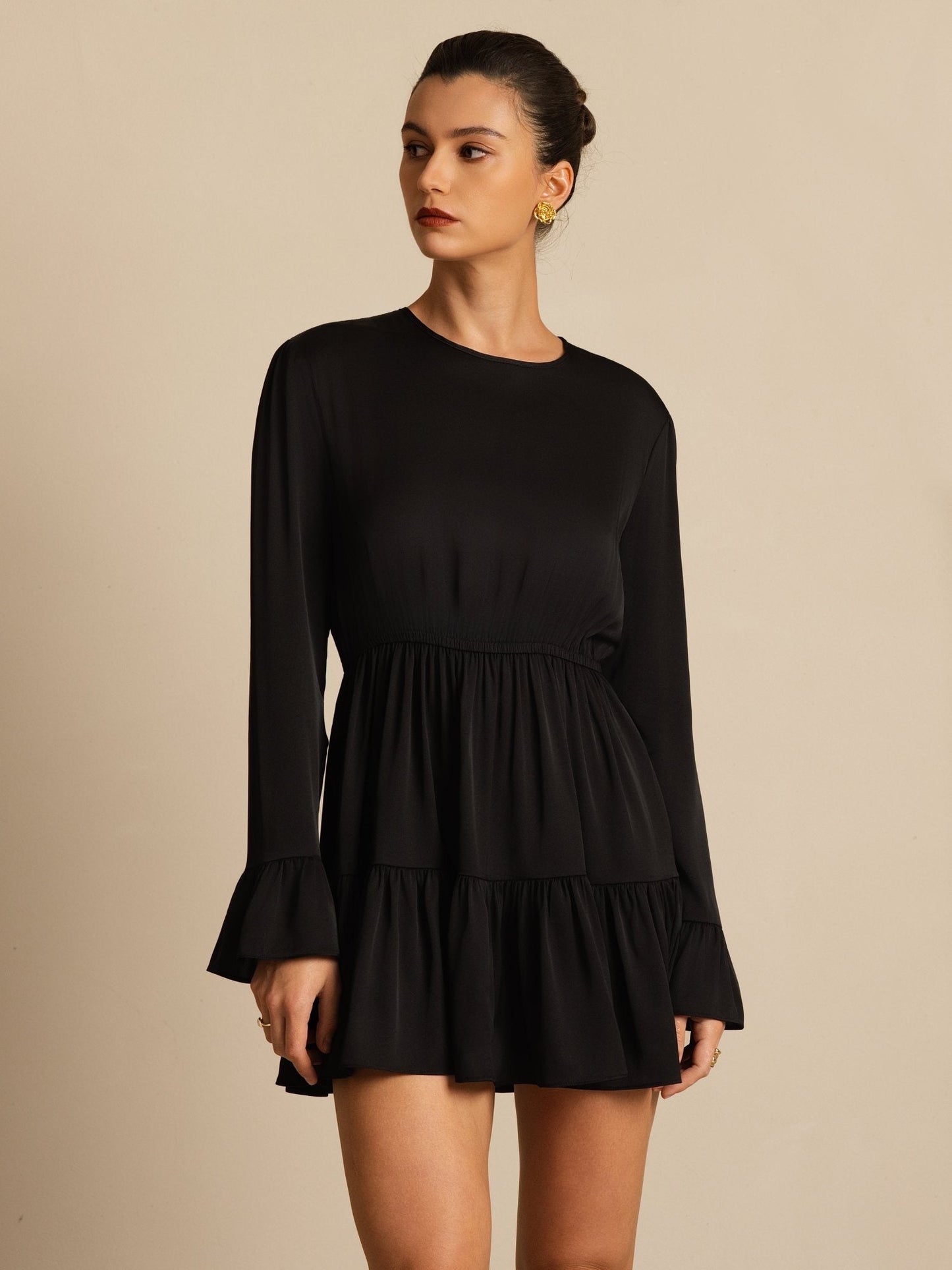 Rosstef 19Momme Stretch Silk Ruffle Sleeves Short Dress