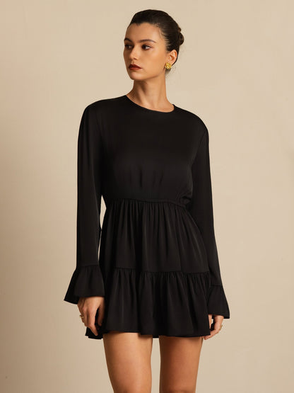 Rosstef 19Momme Stretch Silk Ruffle Sleeves Short Dress