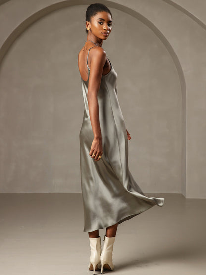 Rosstef 100% Mulberry Silk Spaghetti Strap Midi Long Dress