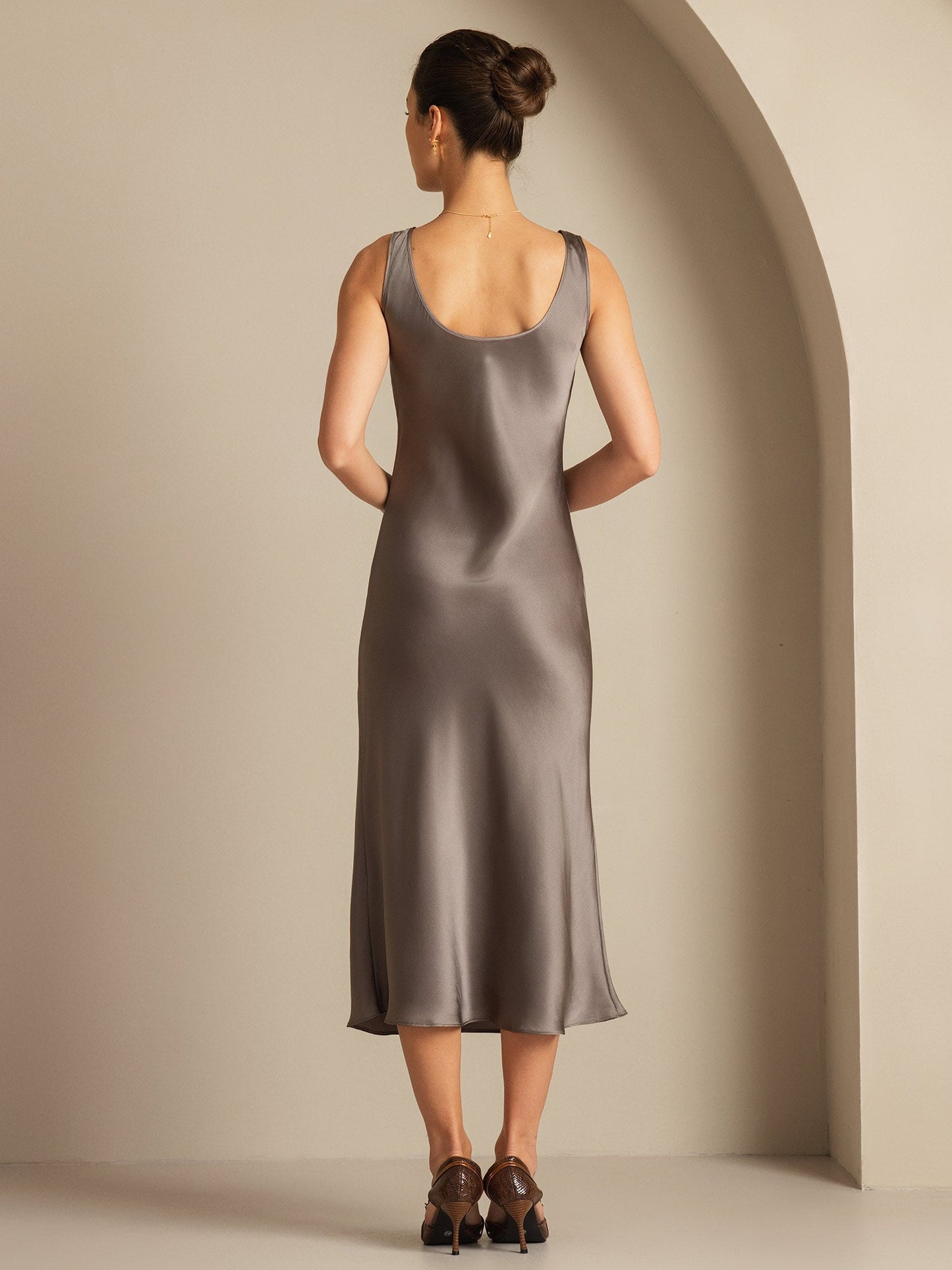 Rosstef 100% Mulberry Silk U Neck Midi Long Dress