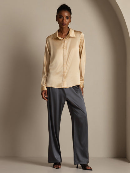 Rosstef 19Momme Silk Long Sleeve Lapel Collar Kadın Bluzu