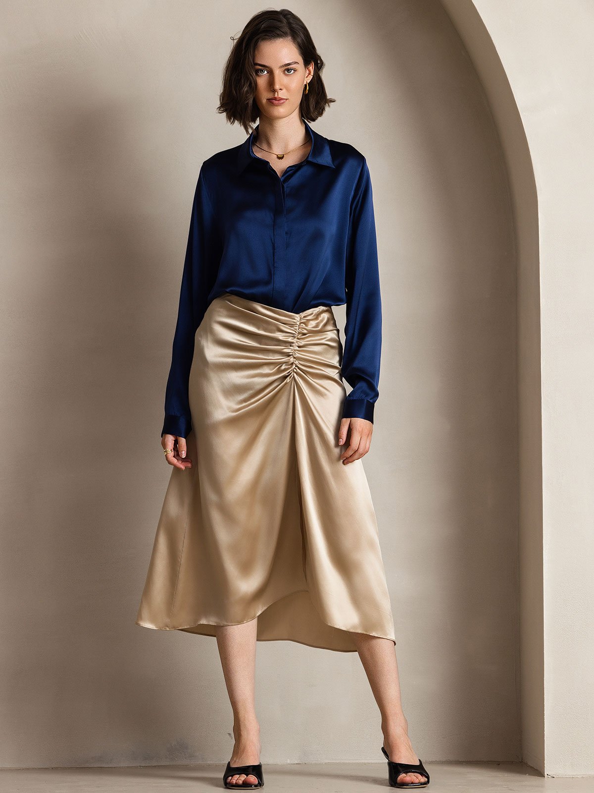 Rosstef 19Momme Silk Long Sleeve Lapel Collar Kadın Bluzu