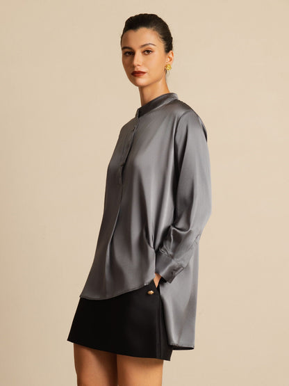 Rosstef 19Momme Silk Flex Stand Collar High-Low Bluse