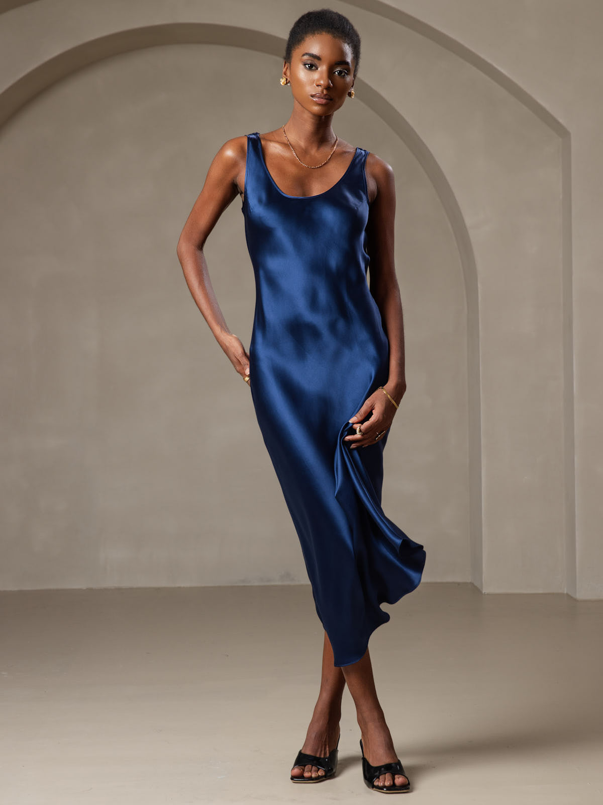 Rosstef 100% Mulberry Silk U Neck Midi Long Dress