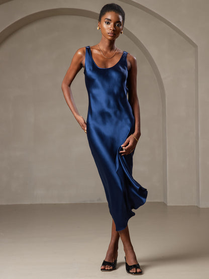 Rosstef 100% Mulberry Silk U Neck Midi Long Dress