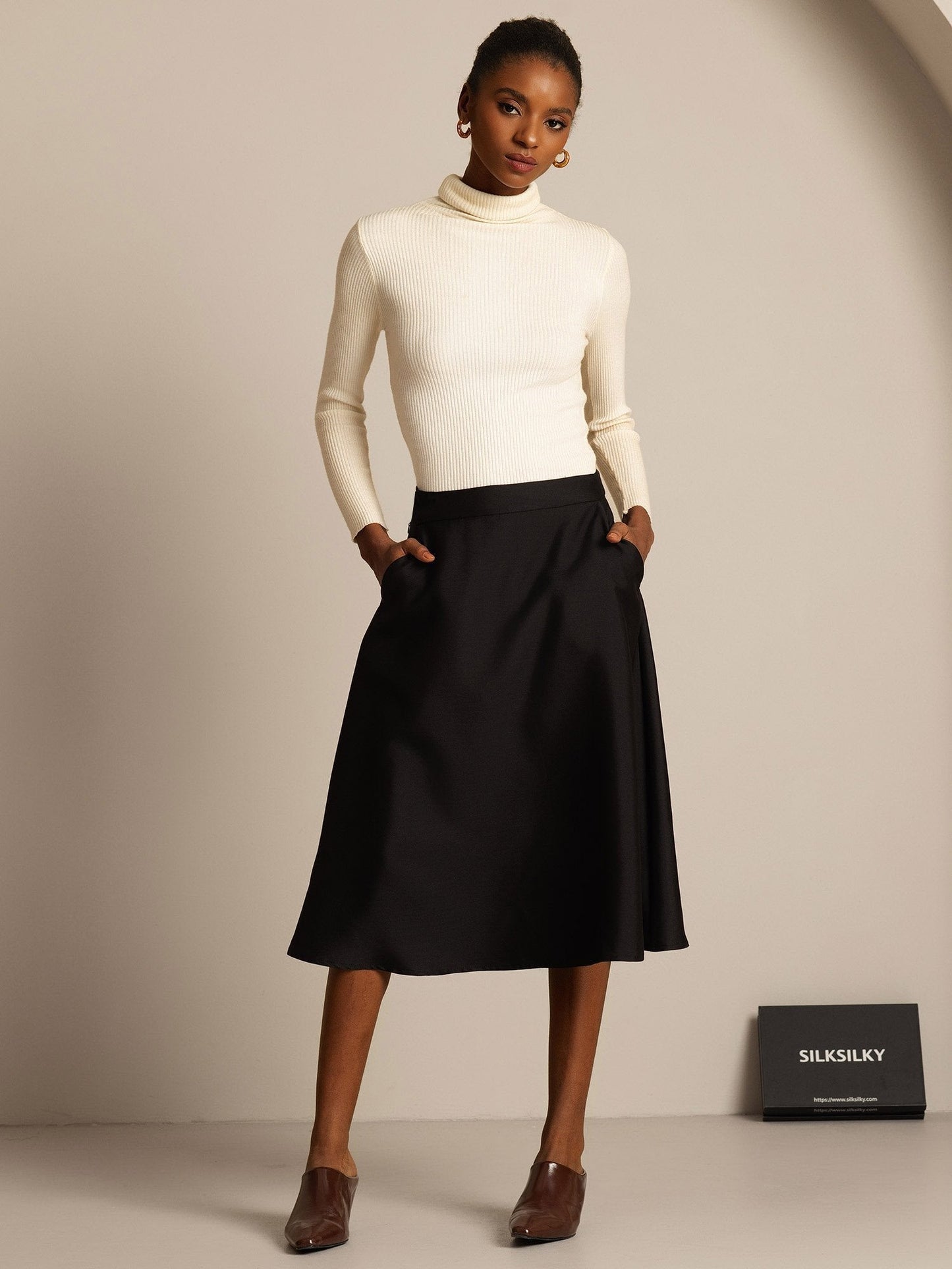 Rosstef 32Momme Silk-Wool Blend A Line Midi Skirt with Zipper Design
