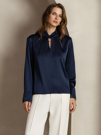 Rosstef 19Momme Silk Keyhole Neck Blouse with Pearl Buttons
