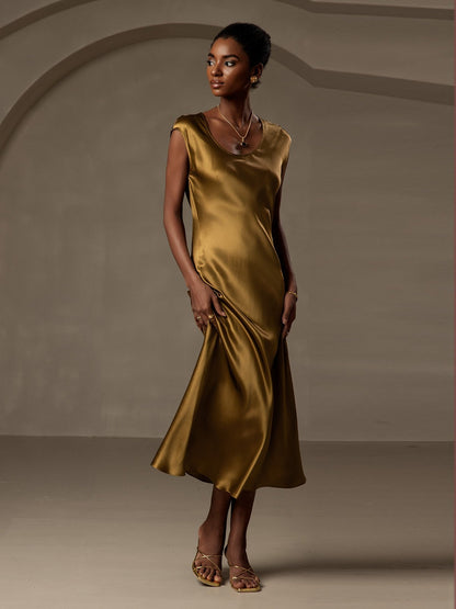 Rosstef 19Momme Silk Cap Sleeve Round Neck Midi Dress