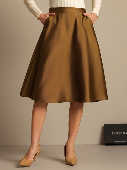 Rosstef 32Momme Silk-Wool Blend A Line Midi Skirt with Zipper Design