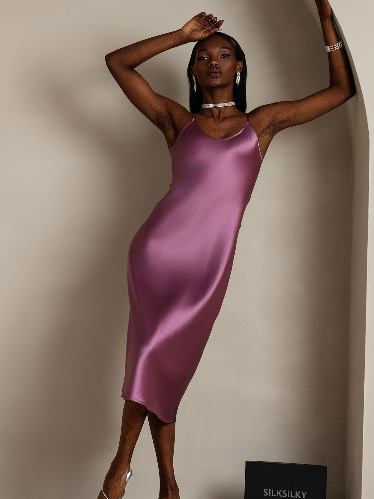 Rosstef 100% Mulberry Silk Spaghetti Strap Midi Long Dress