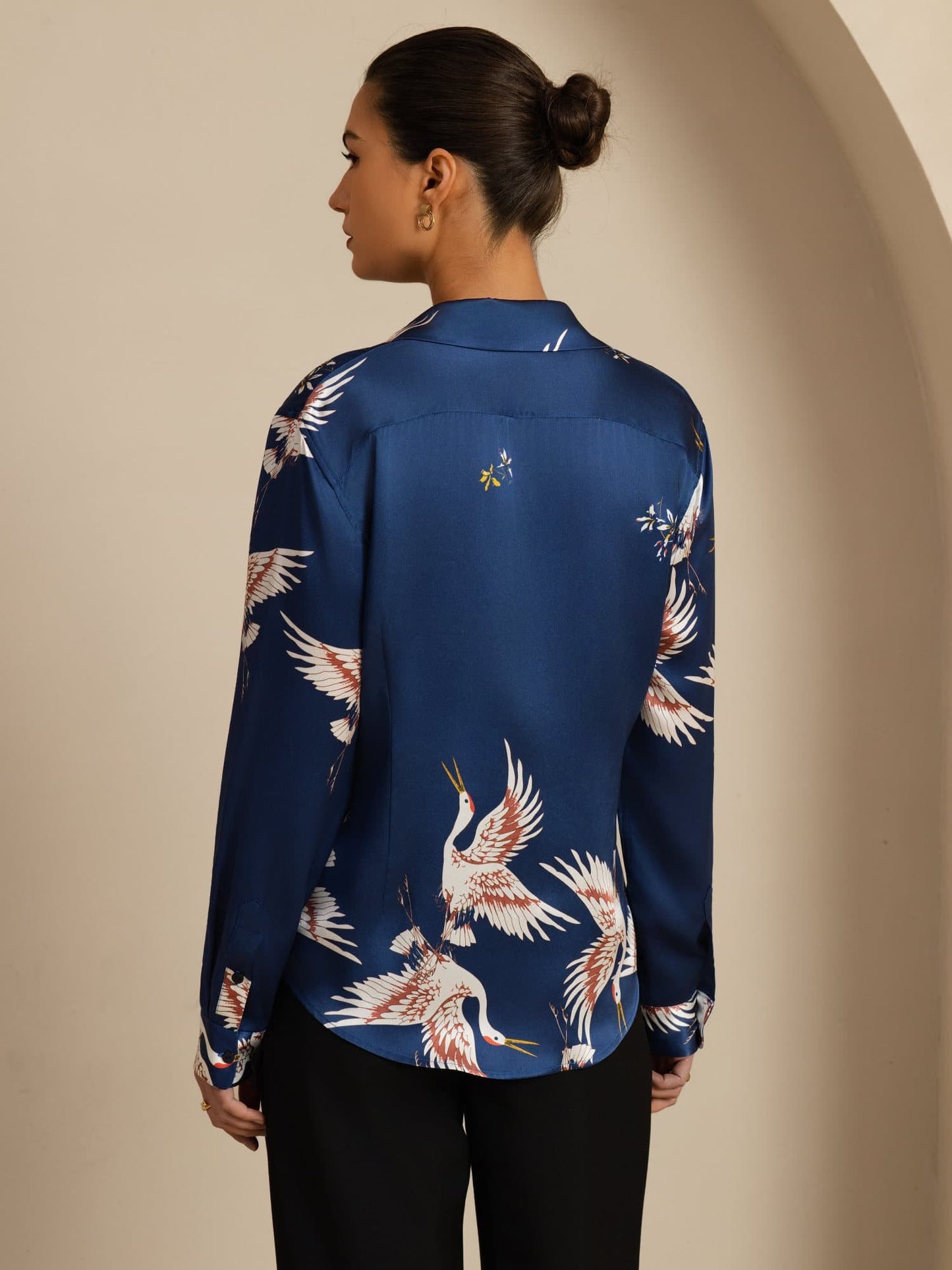 Rosstef 100% Mulberry Silk Long Sleeve Lapel Collar Women's Crane Print Button Blouse