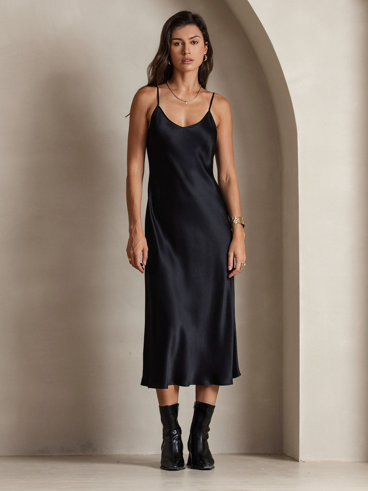Rosstef 100% Mulberry Silk Spaghetti Strap Midi Long Dress