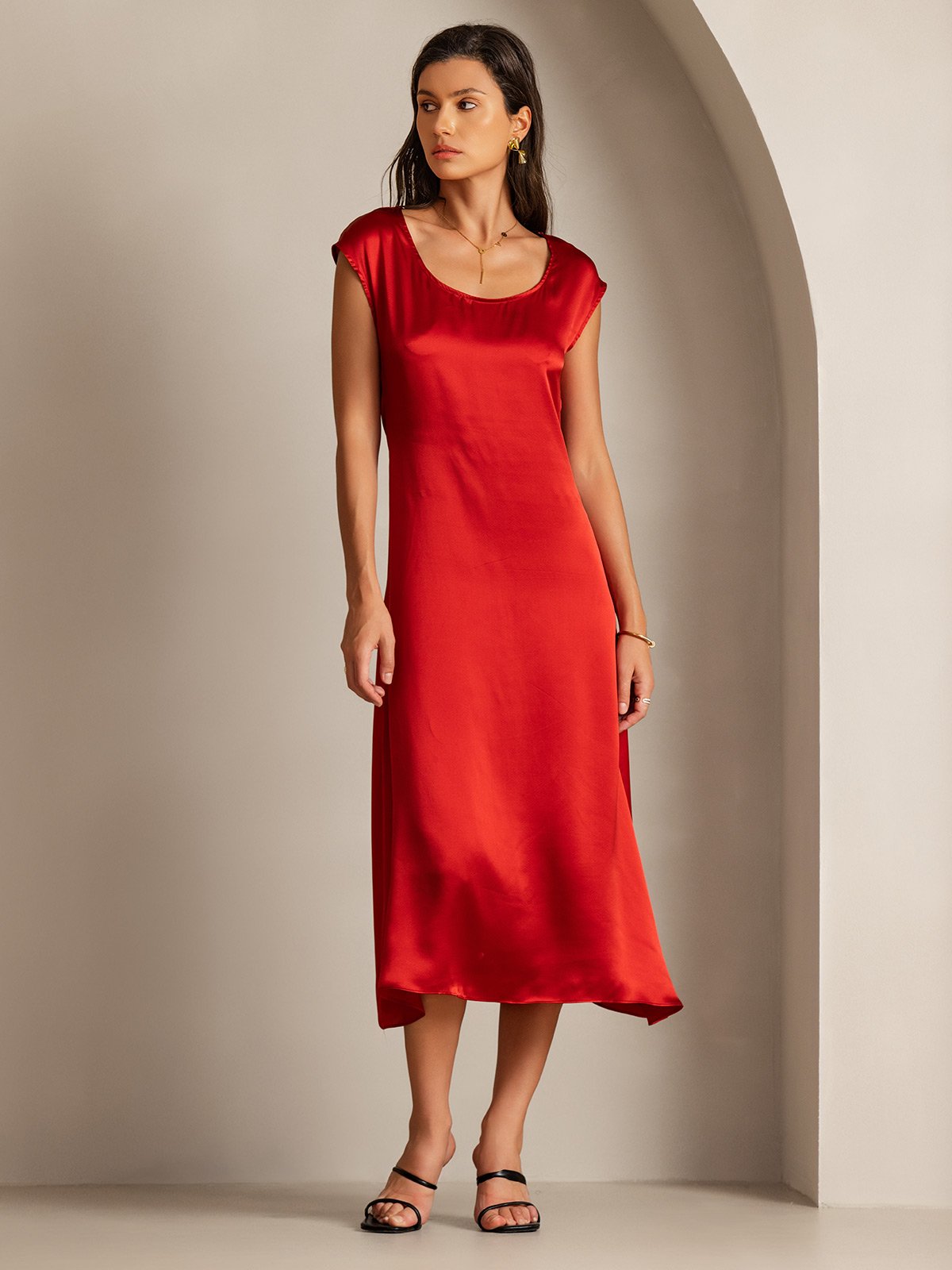 Rosstef 19Momme Silk Cap Sleeve Round Neck Midi Dress
