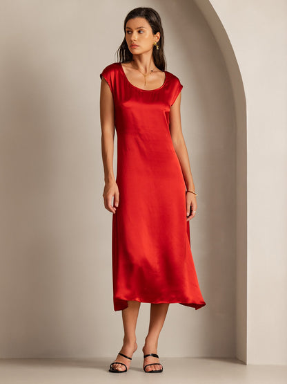 Rosstef 19Momme Silk Cap Sleeve Round Neck Midi Dress