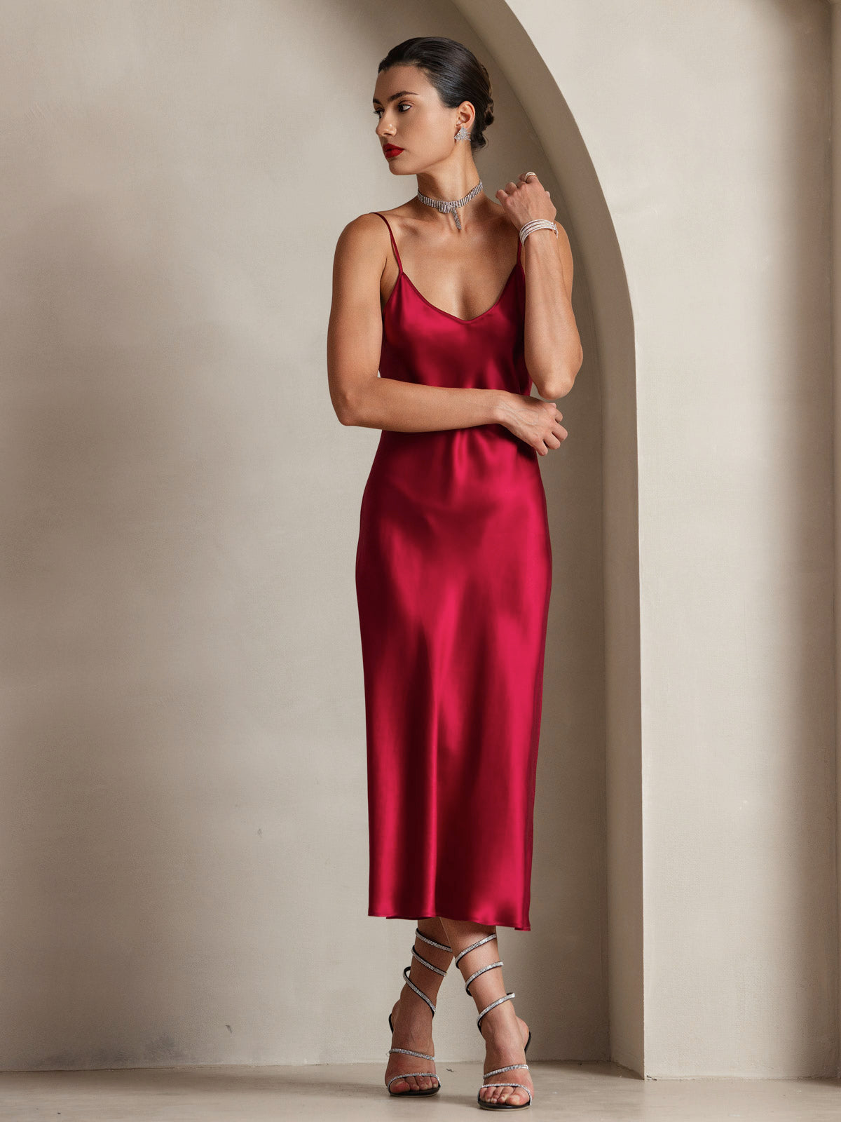 Rosstef 100% Mulberry Silk Spaghetti Strap Midi Long Dress
