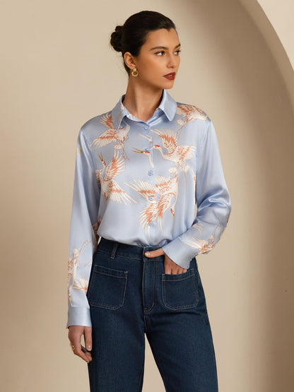 Rosstef 100% Mulberry Silk Long Sleeve Lapel Collar Women's Crane Print Button Blouse