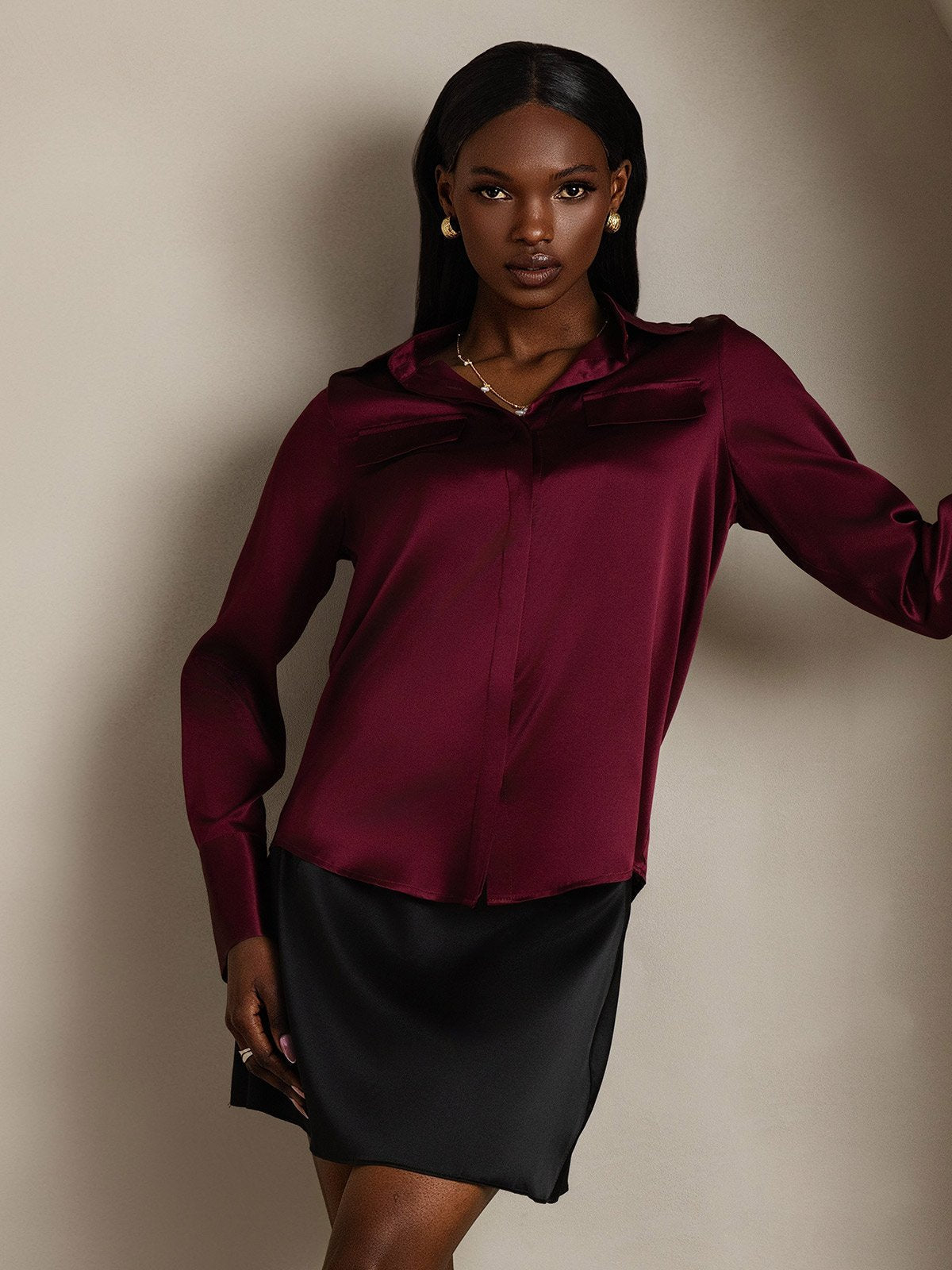 Rosstef 19Momme Silk Long Sleeve Lapel Collar Military Shirt