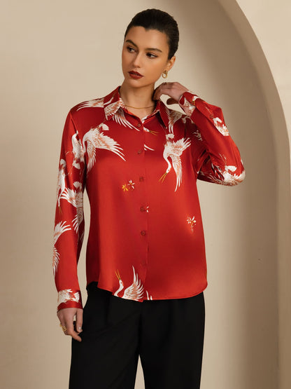 Rosstef 100% Mulberry Silk Long Sleeve Lapel Collar Women's Crane Print Button Blouse