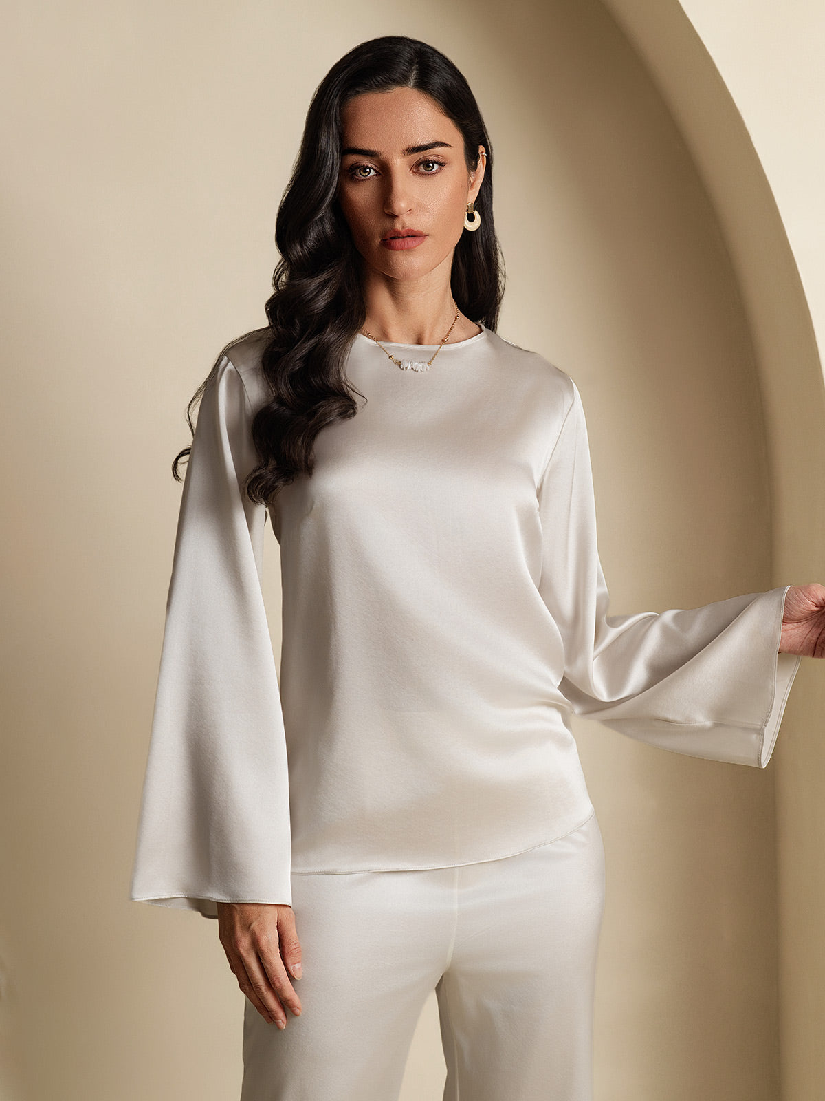 Rosstef 19Momme Silk Bell Sleeve Boat Neck Kadın Giyimi