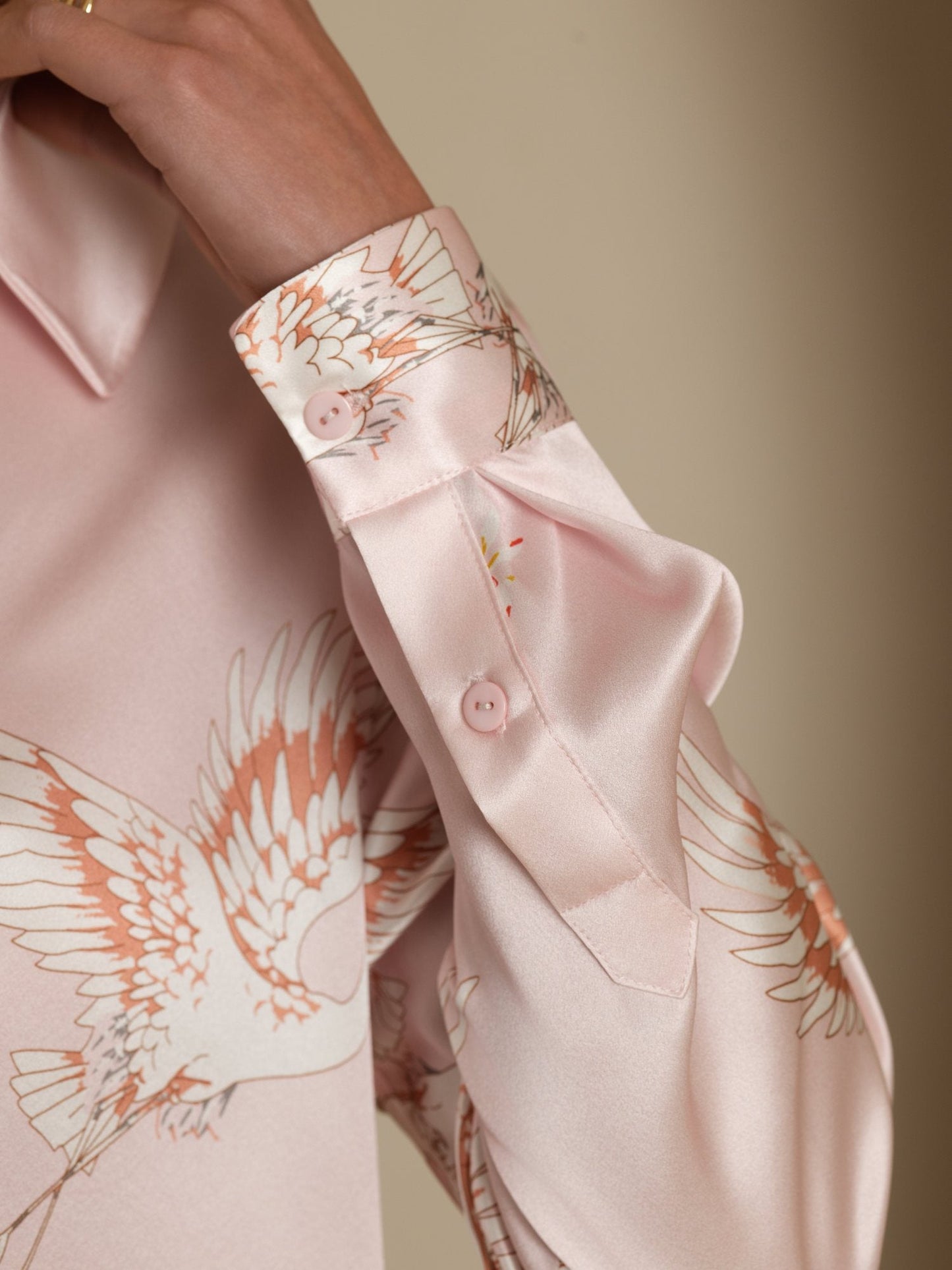 Rosstef 100% Mulberry Silk Long Sleeve Lapel Collar Women's Crane Print Button Blouse