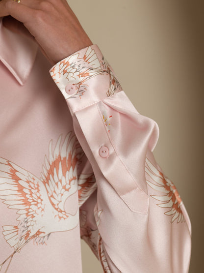 Rosstef 100% Mulberry Silk Long Sleeve Lapel Collar Women's Crane Print Button Blouse